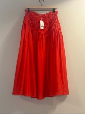 Tory Burch Red Smocked Waist Midi Skirt